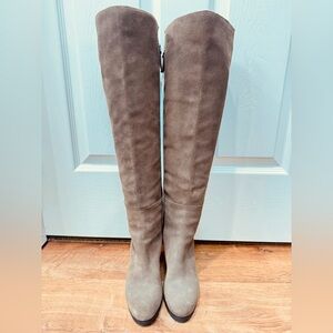 Wanda-Lea taupe over-the-knee wedge heel boots